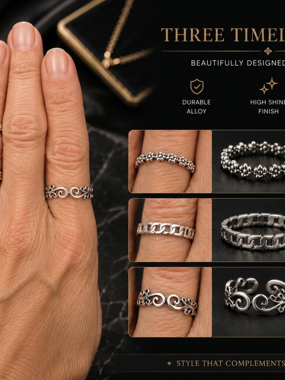 Silver Floral & Chain Stackable Rings - Silver - Picture 2 of 4